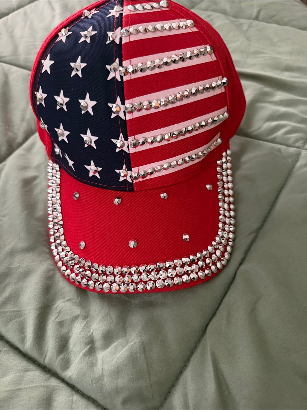 Embellished American Flag Rhinestone Baseball Cap - Red/Blue/White